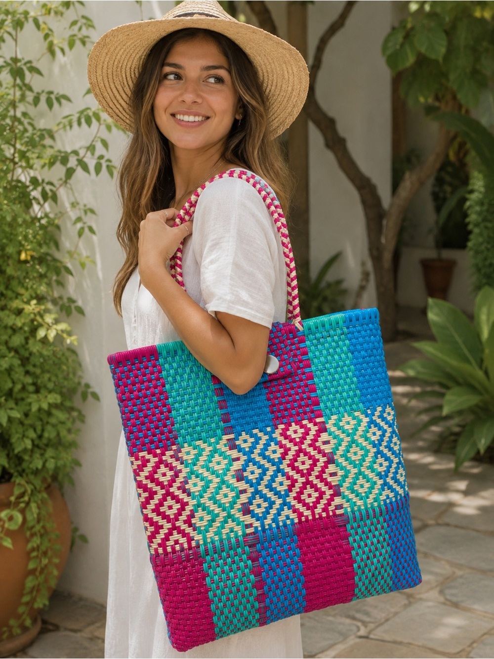 Handwoven Mexican Jumbo Tote Bag in Fuchsia, Teal & Blue